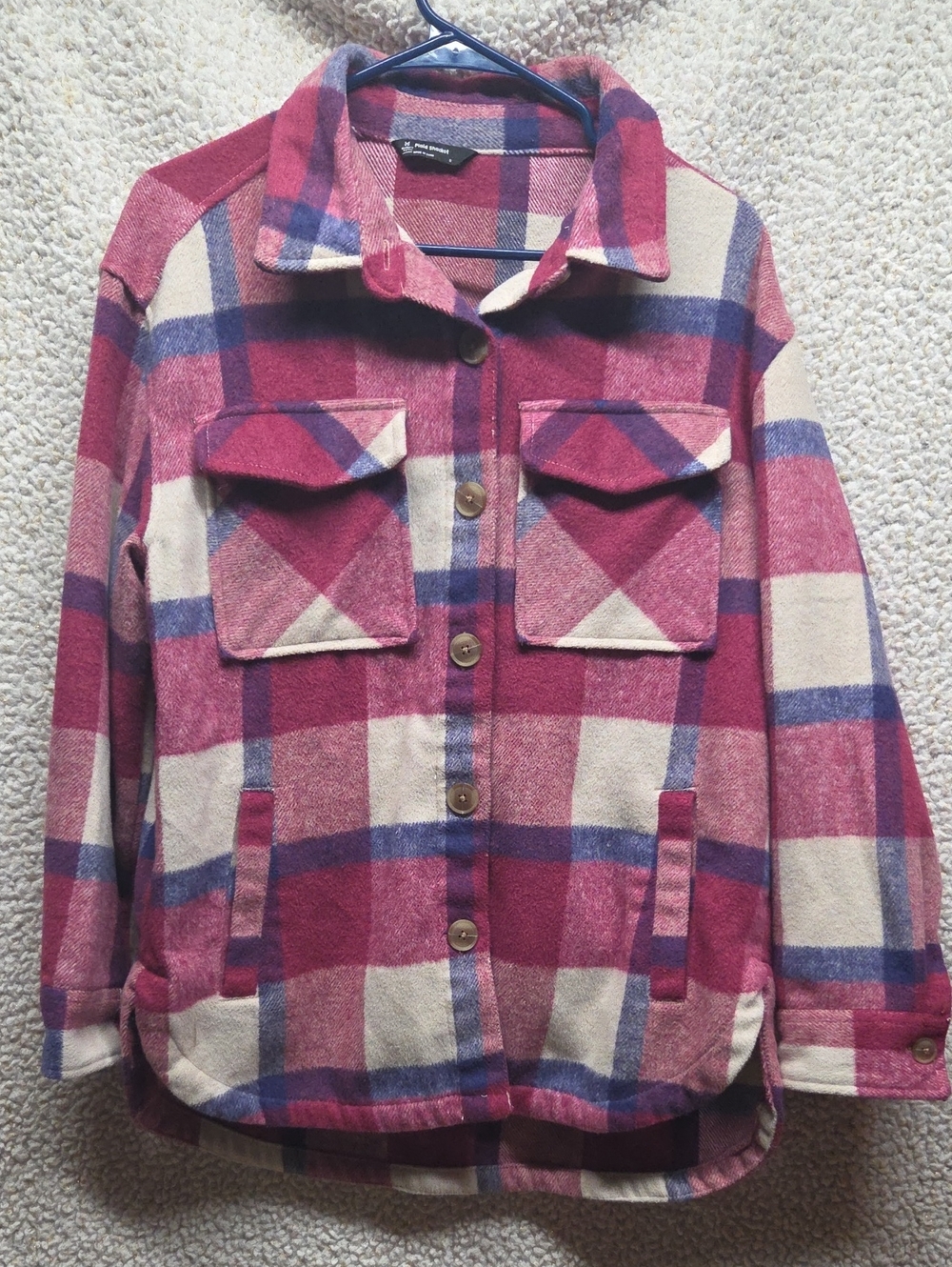 Plaid Wool Blend Oversized Utility Shacket in Burgundy and Cream